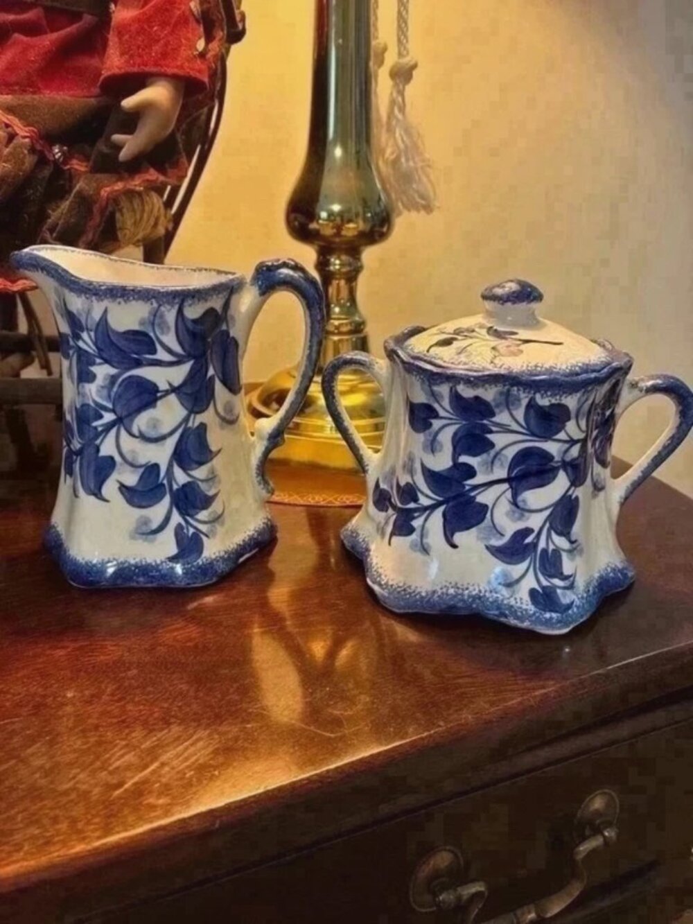 Vintage Cash Family Pottery Sugar and Creamer Set with Lids Blue Vine Hand Paint